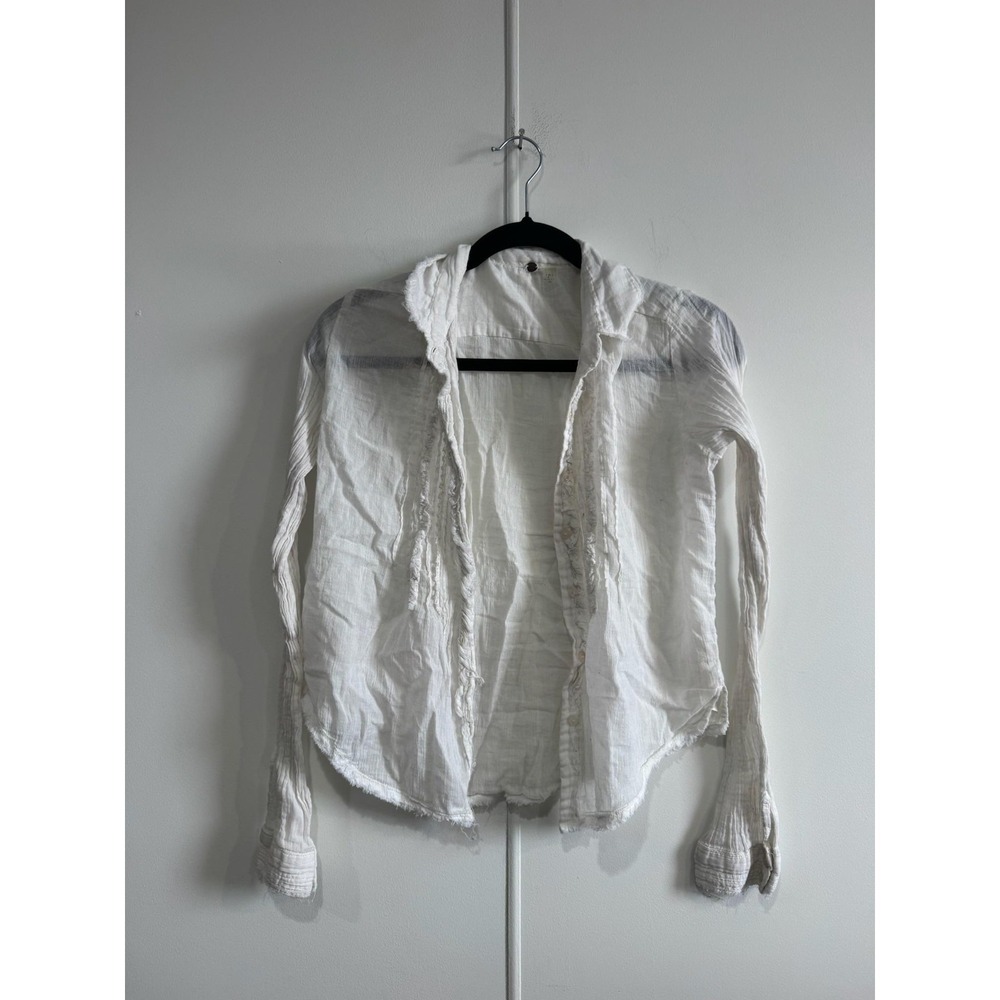 FP One Blouse Womens Small White Sheer Gauze Button Front‎ Ruffle Top